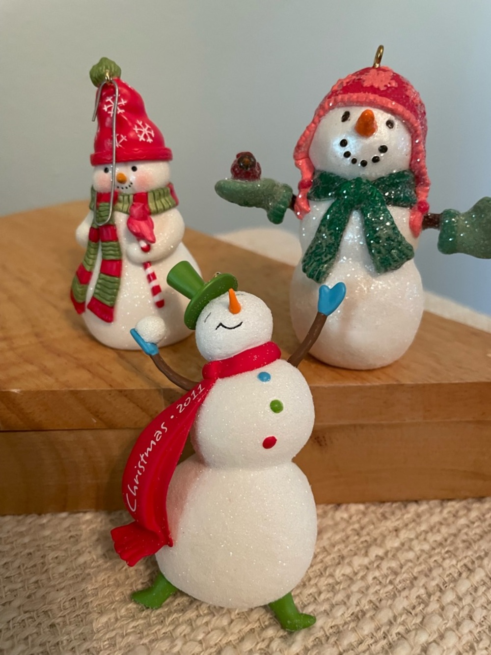 Set of Three Festive Snowman Ornaments - Red, Green, White